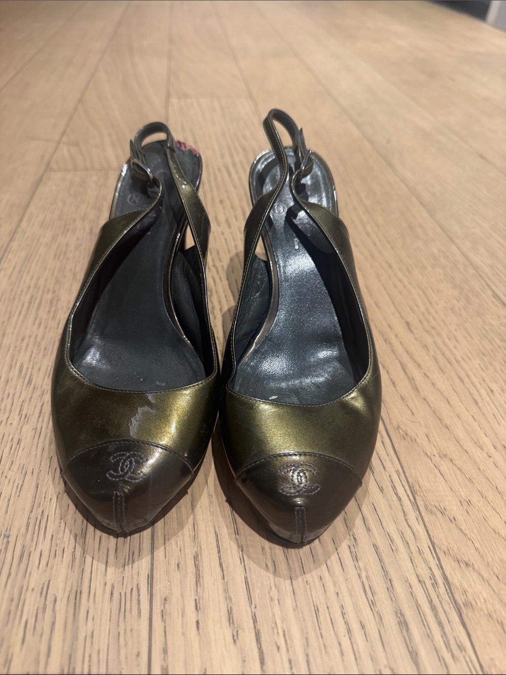 CHANEL Metallic Olive Slingback Pumps - Metallic Olive